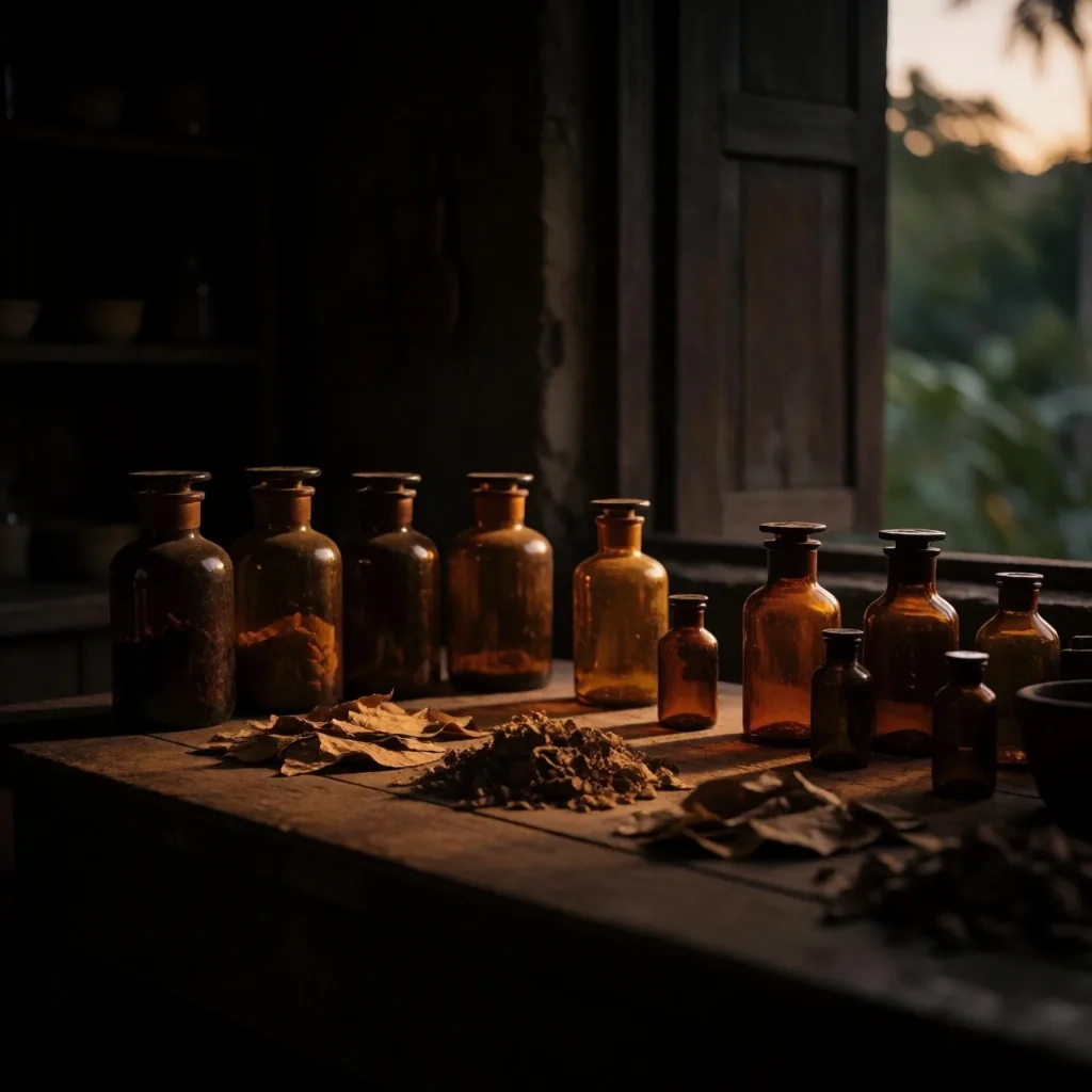 Dark workshop bench with amber bottles