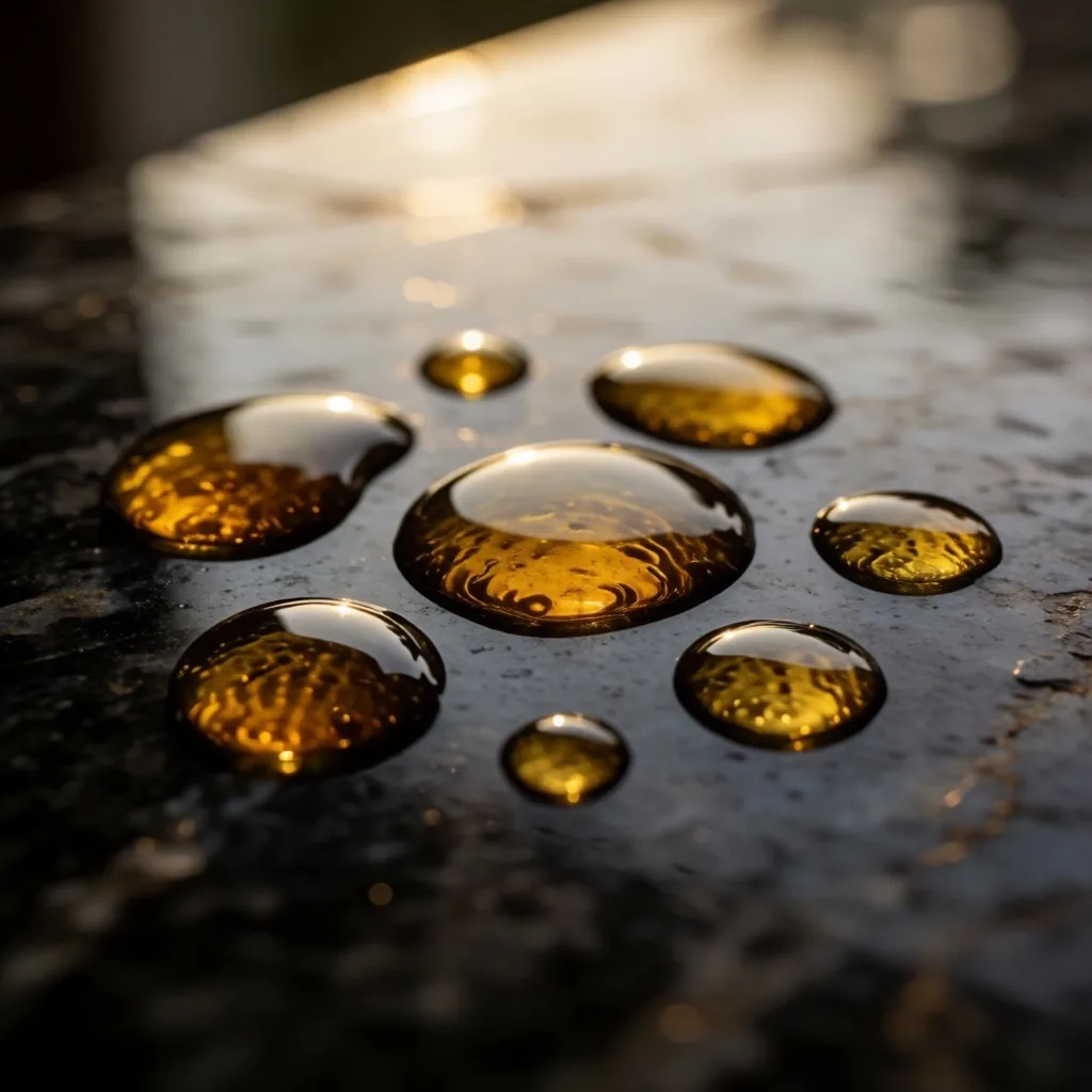 Amber supplement oil droplets in dark suspension