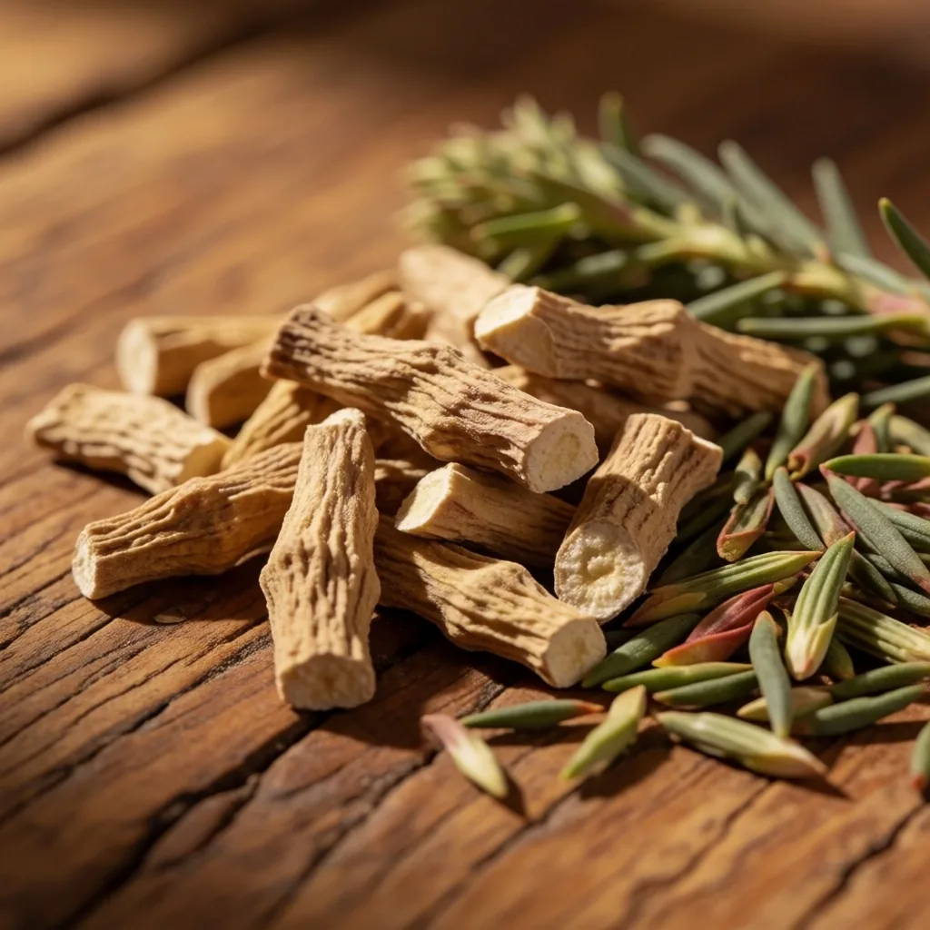 Dried adaptogenic herbs on wood