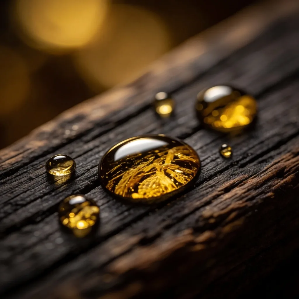 Macro view of amber botanical oil on dark wood